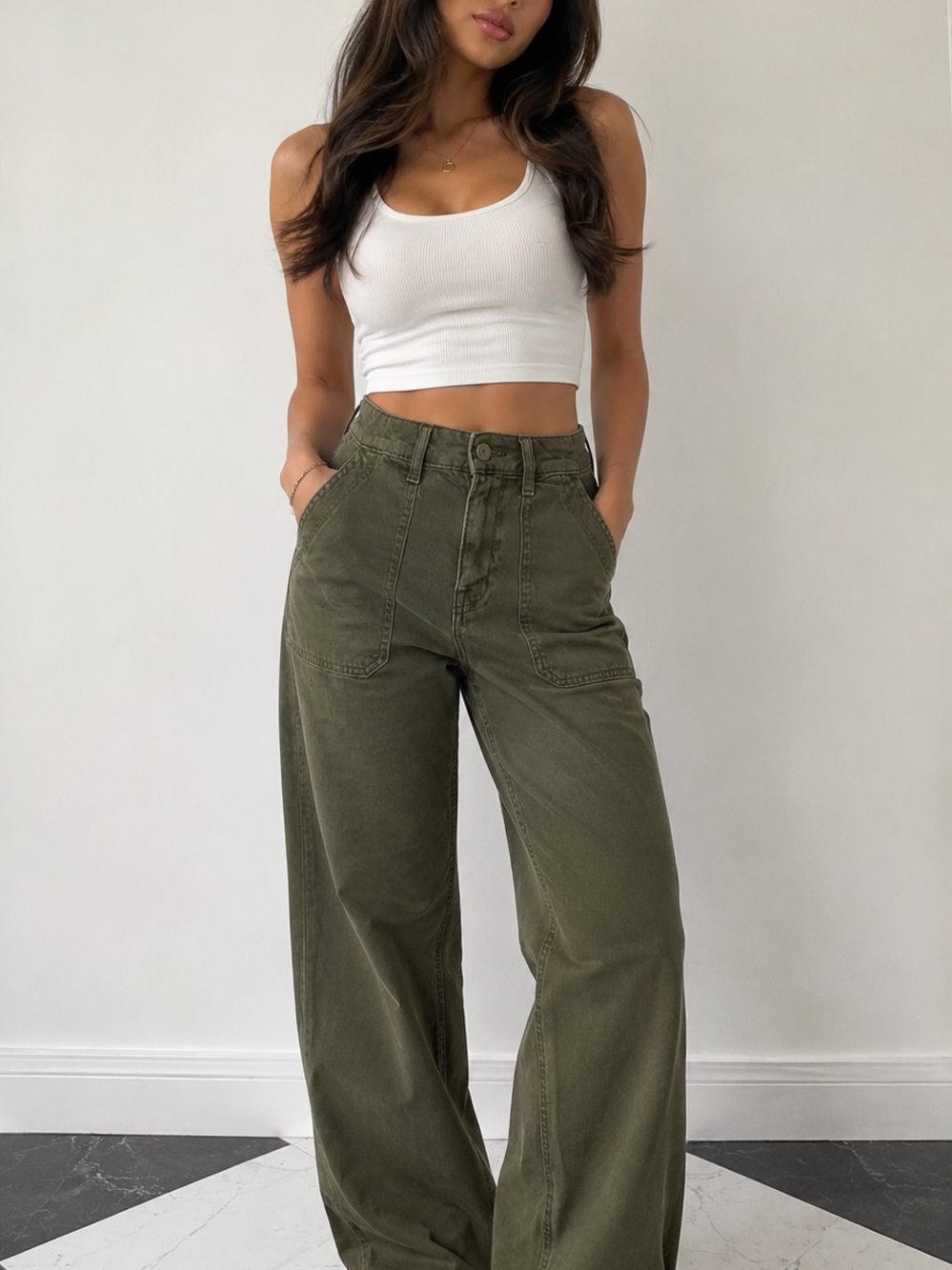 American Eagle Outfitters Olive Green Wide Leg Utility Jeans